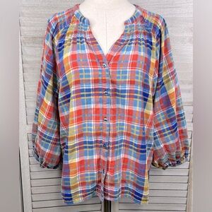 TIME AND TRU Puff Sleeve Plaid Button Down Shirt Blue/Red Multi-XL